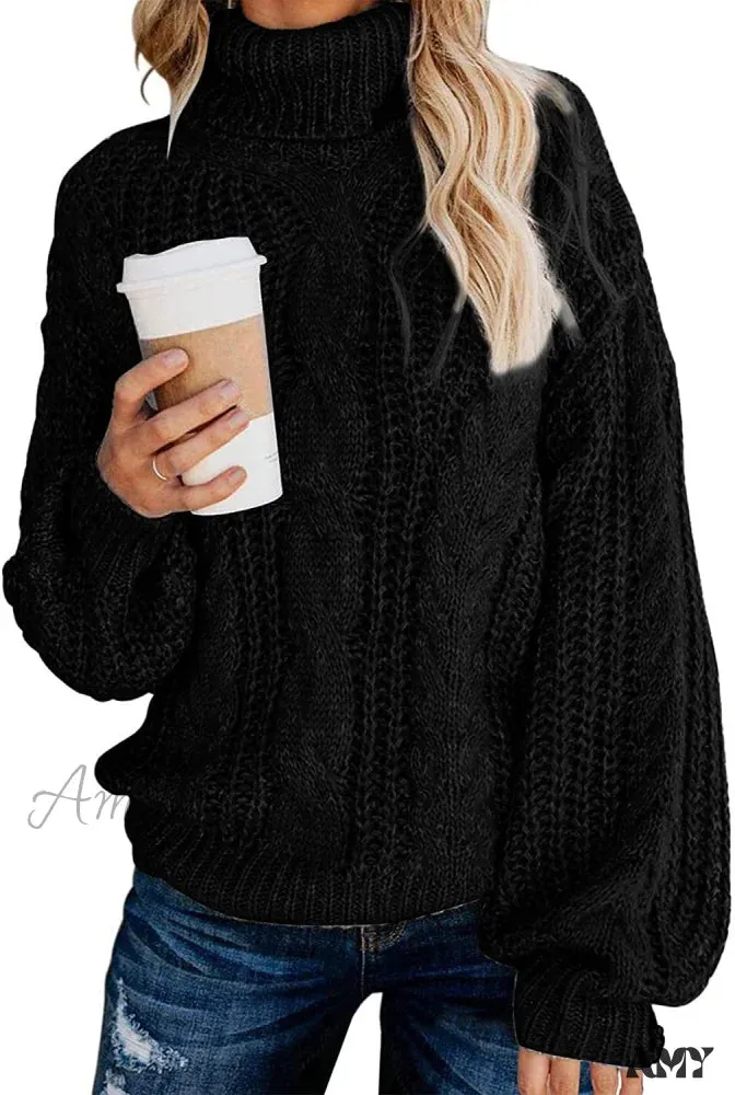 Amy Fashion - Fashionme Chic Ballon Sleeve Winter Turtleneck Chunky Sweater
