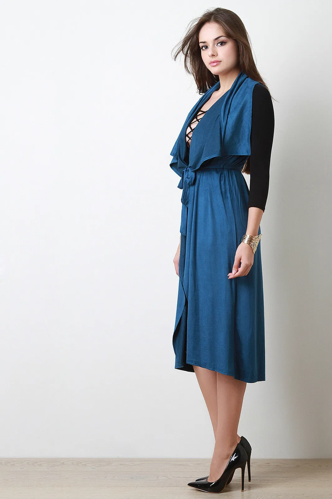 Belted Suede Draped Longline Vest