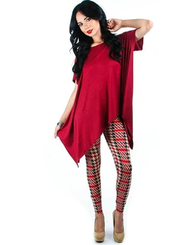 Burgundy Houndstooth Print Fleece Lined Leggings