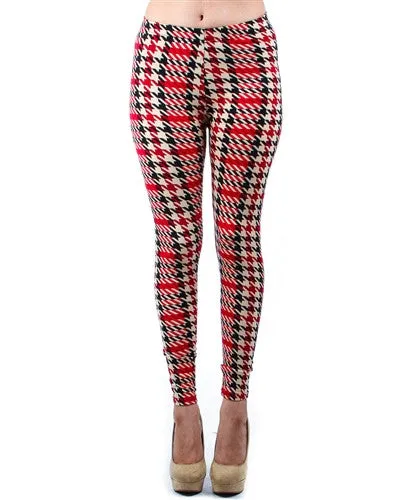 Burgundy Houndstooth Print Fleece Lined Leggings