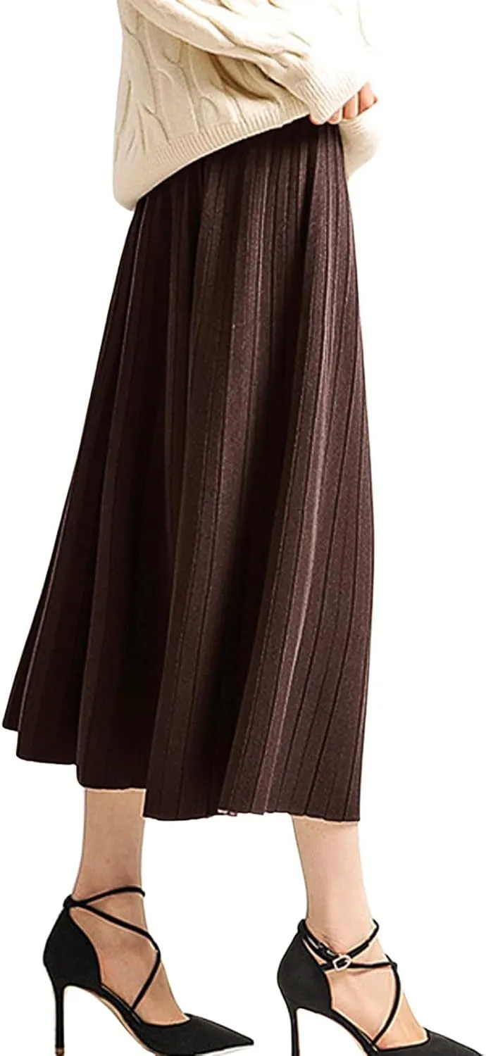 CHARTOU Women's Winter Reversible Stretchy Waist Knitted A Line Pleated Midi Skirt