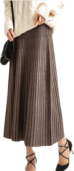 CHARTOU Women's Winter Reversible Stretchy Waist Knitted A Line Pleated Midi Skirt