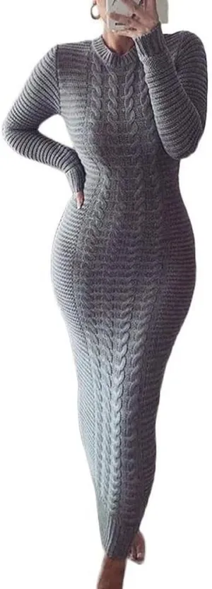 chouyatou Women's Sexy Crewneck Long Sleeve Cable Knit Bodycon Maxi Pullover Sweater Dress