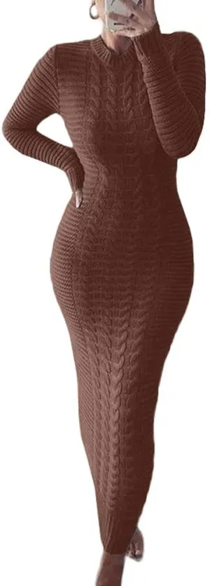 chouyatou Women's Sexy Crewneck Long Sleeve Cable Knit Bodycon Maxi Pullover Sweater Dress