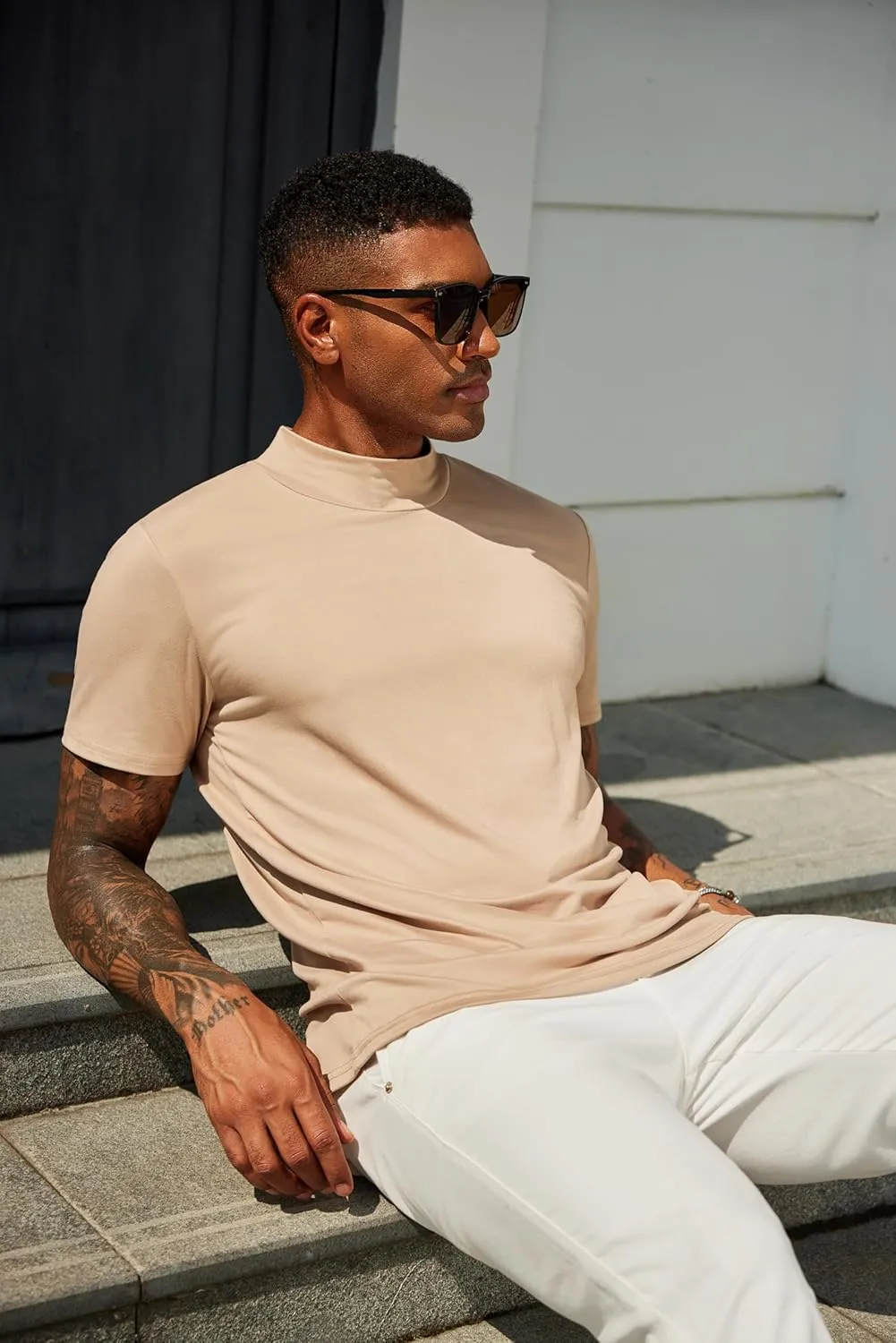 COOFANDY Men's Mock Turtleneck T Shirt Short Sleeve Slim Fit Basic Casual Undershirt Solid Color Pullover Tee