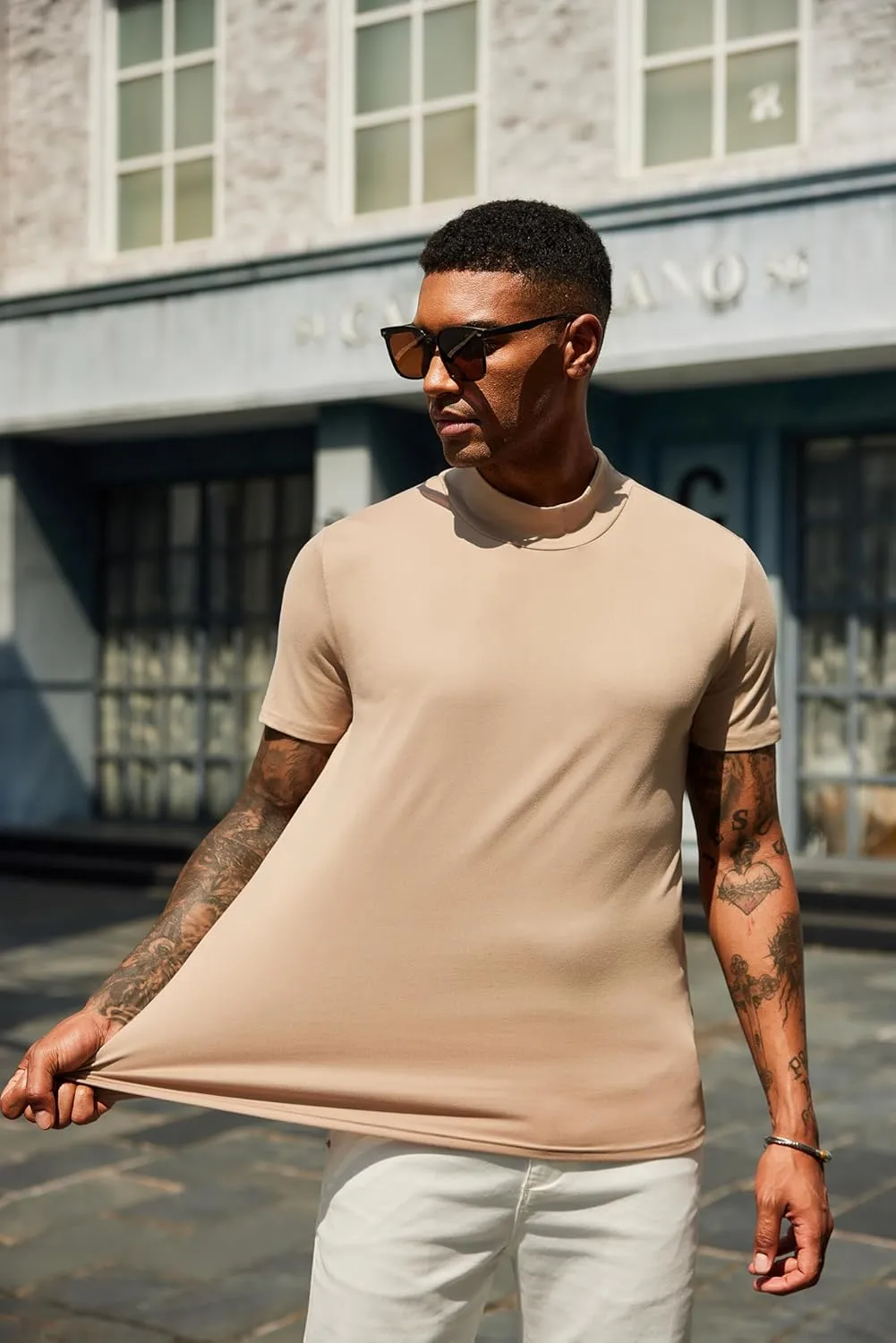 COOFANDY Men's Mock Turtleneck T Shirt Short Sleeve Slim Fit Basic Casual Undershirt Solid Color Pullover Tee