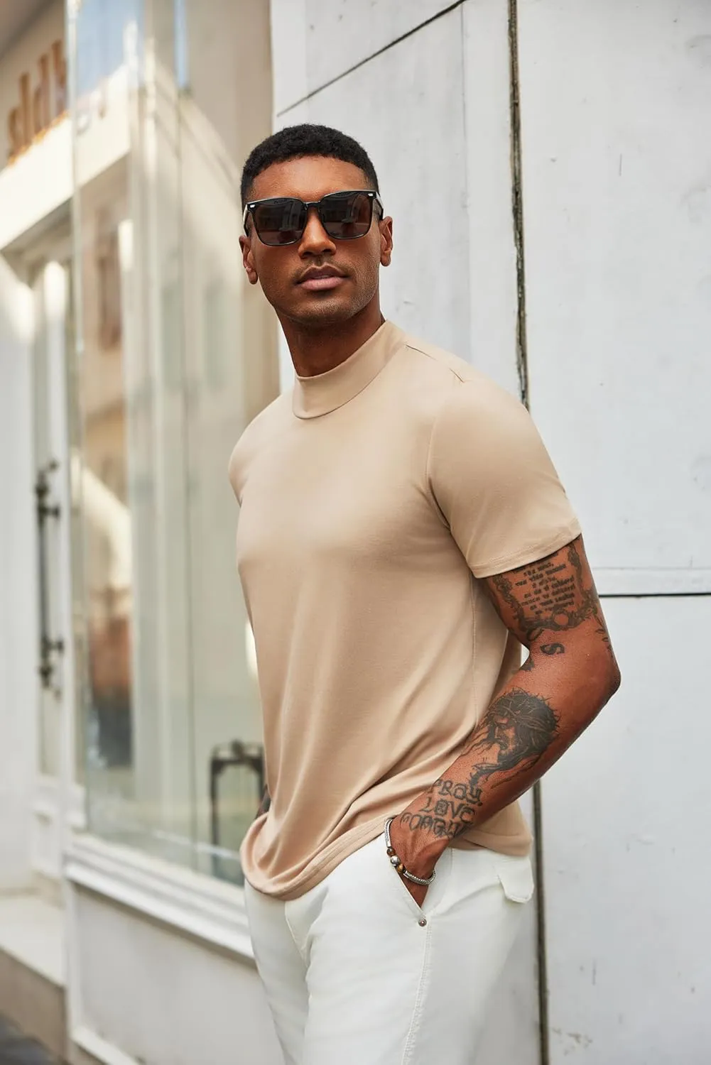 COOFANDY Men's Mock Turtleneck T Shirt Short Sleeve Slim Fit Basic Casual Undershirt Solid Color Pullover Tee