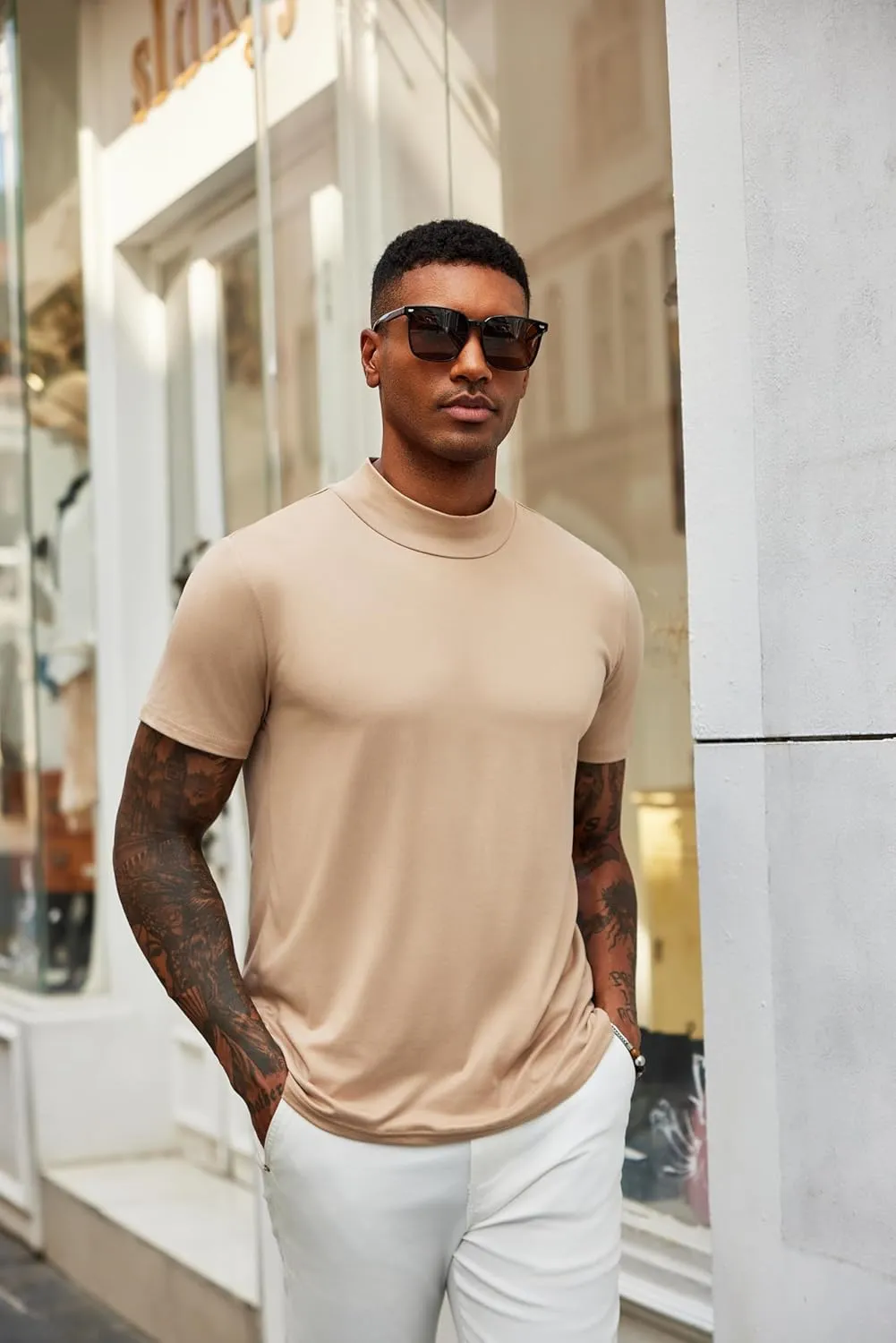 COOFANDY Men's Mock Turtleneck T Shirt Short Sleeve Slim Fit Basic Casual Undershirt Solid Color Pullover Tee