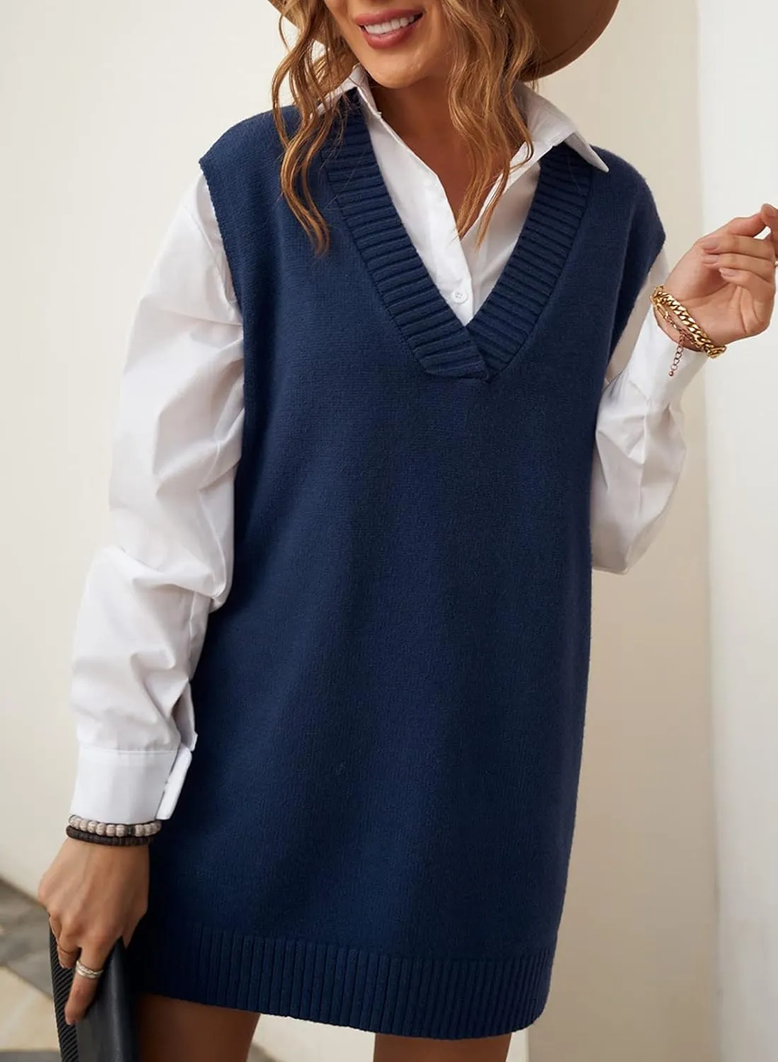 EVALESS Oversized Sweater Vest for Women V Neck Sleeveless Solid Color Loose Pullover Sweater