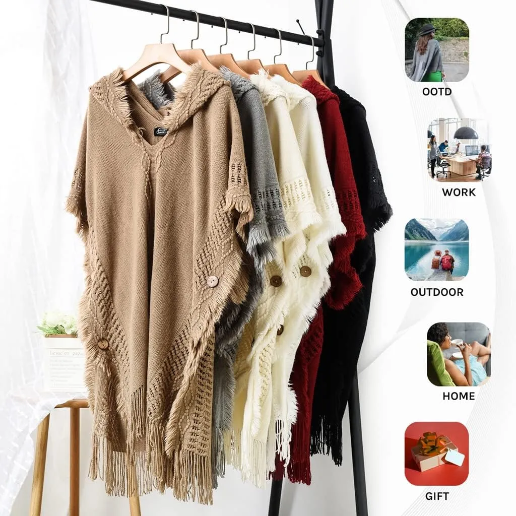 Ferand Women's Cable Knit Poncho Sweater Casual Hooded Pullover Ponchos with Decorative Buttons