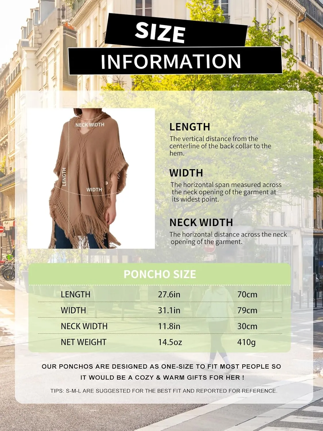 Ferand Women's Cable Knit Poncho Sweater Casual Hooded Pullover Ponchos with Decorative Buttons