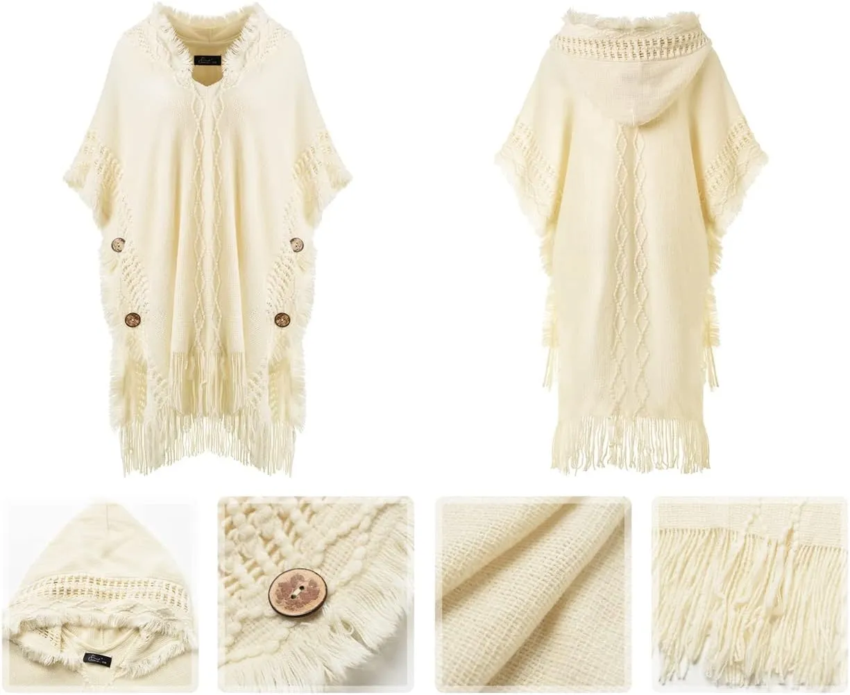 Ferand Women's Cable Knit Poncho Sweater Casual Hooded Pullover Ponchos with Decorative Buttons