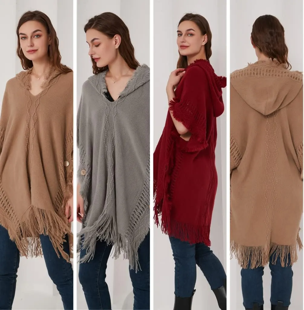 Ferand Women's Cable Knit Poncho Sweater Casual Hooded Pullover Ponchos with Decorative Buttons