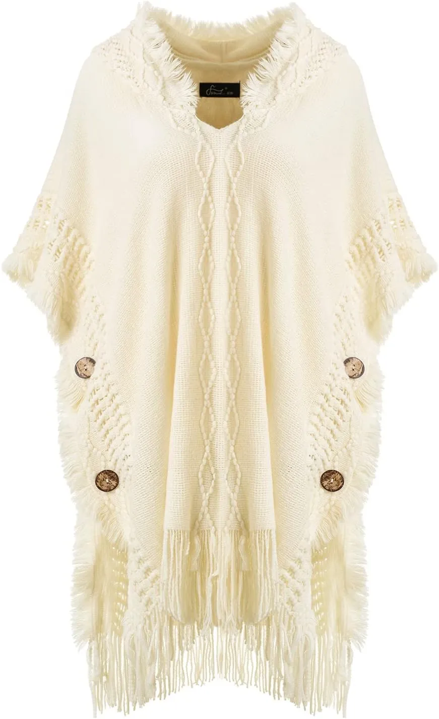 Ferand Women's Cable Knit Poncho Sweater Casual Hooded Pullover Ponchos with Decorative Buttons