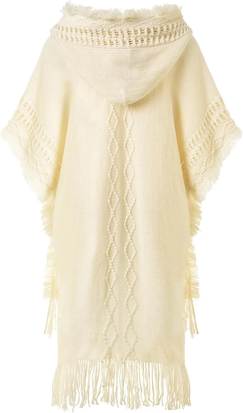 Ferand Women's Cable Knit Poncho Sweater Casual Hooded Pullover Ponchos with Decorative Buttons