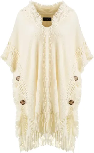 Ferand Women's Cable Knit Poncho Sweater Casual Hooded Pullover Ponchos with Decorative Buttons