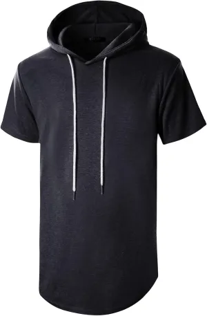 GIVON Men's Short Sleeve Pullover Hoodie Hipster Longline Hooded Shirt Lightweight Cotton Blend Casual Streetwear