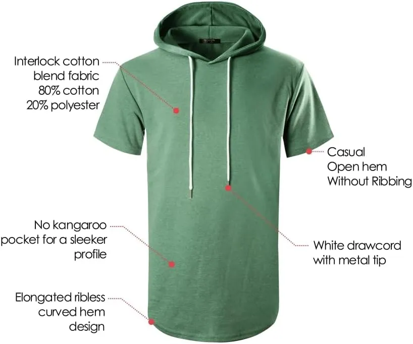 GIVON Men's Short Sleeve Pullover Hoodie Hipster Longline Hooded Shirt Lightweight Cotton Blend Casual Streetwear
