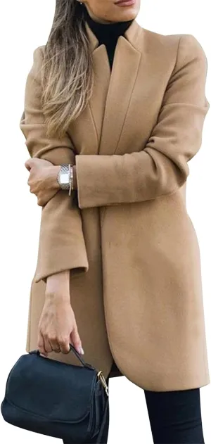 GRASWE Warm Lapel Wool Coat For Women Trench Jacket Long Sleeve Overcoat Outwear Pea Coat