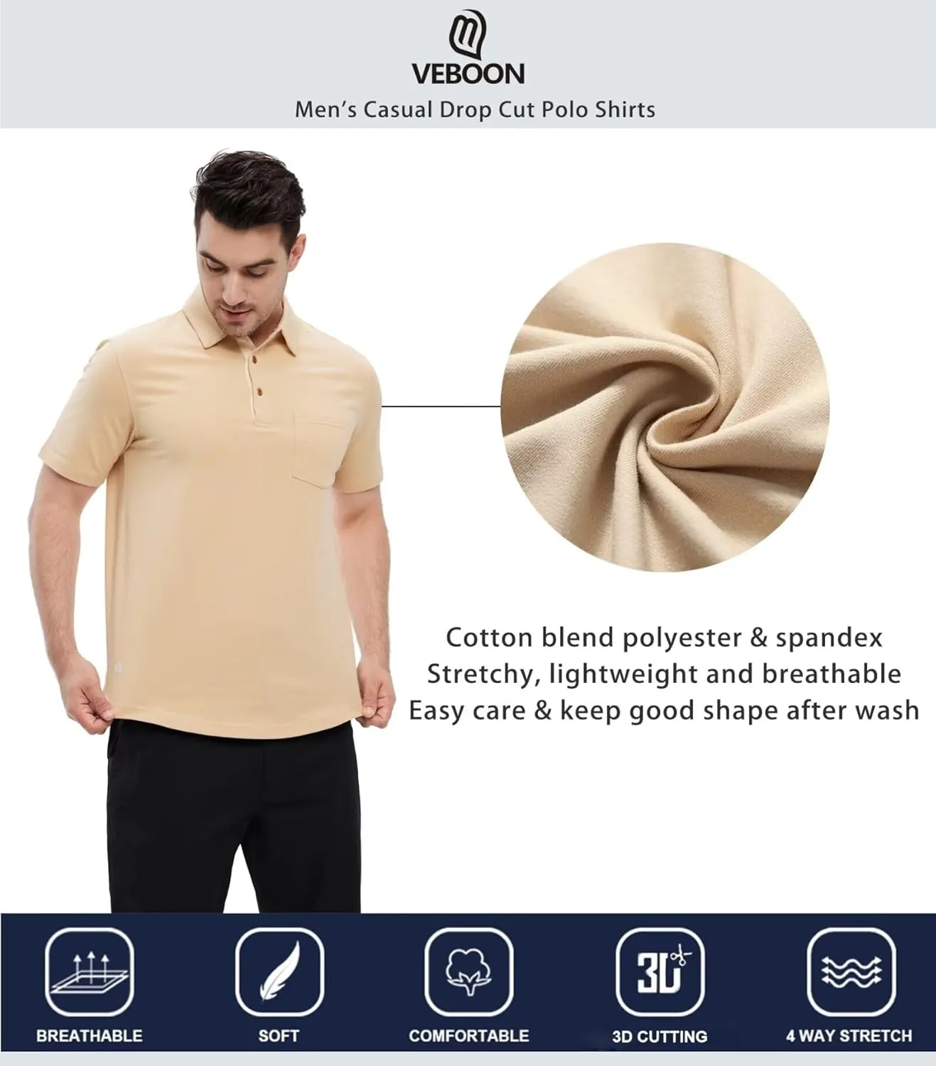 Mens Long and Short Sleeve Polo Shirts Pocket Casual Solid Cotton Blend Drop Cut Collared Polo Shirts for Men