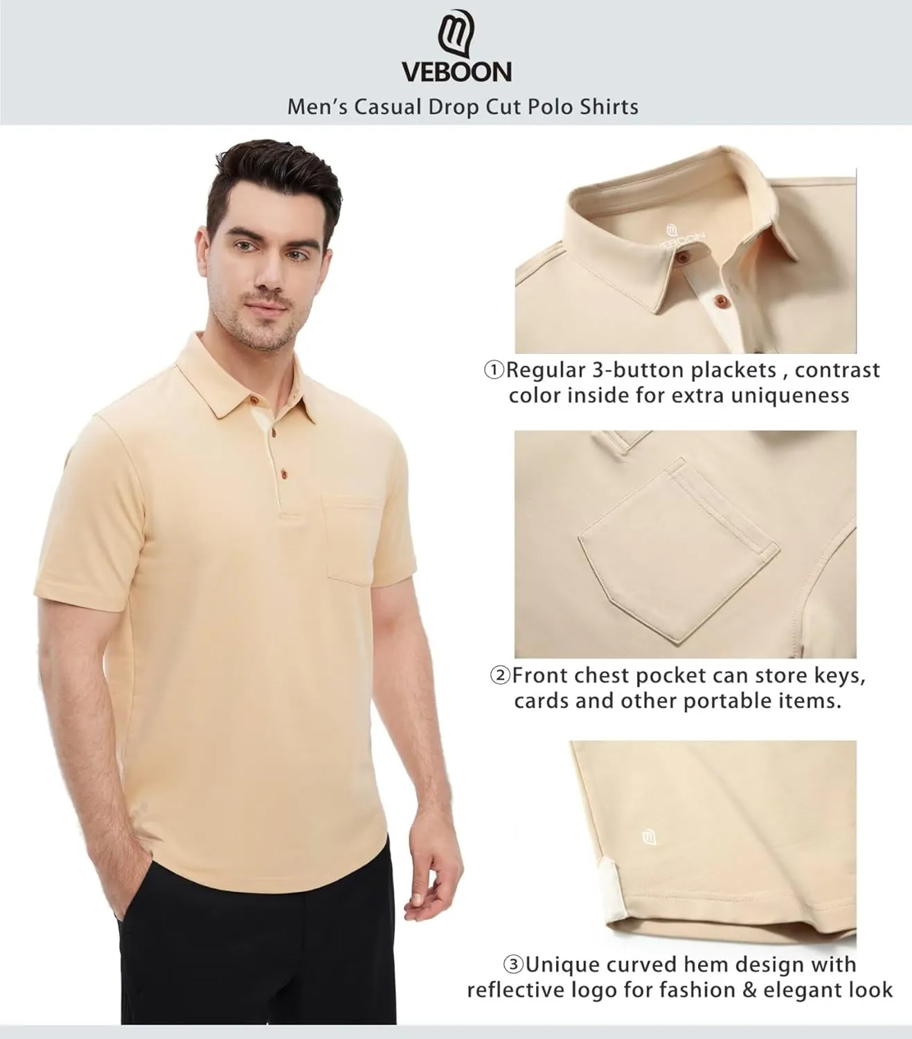Mens Long and Short Sleeve Polo Shirts Pocket Casual Solid Cotton Blend Drop Cut Collared Polo Shirts for Men