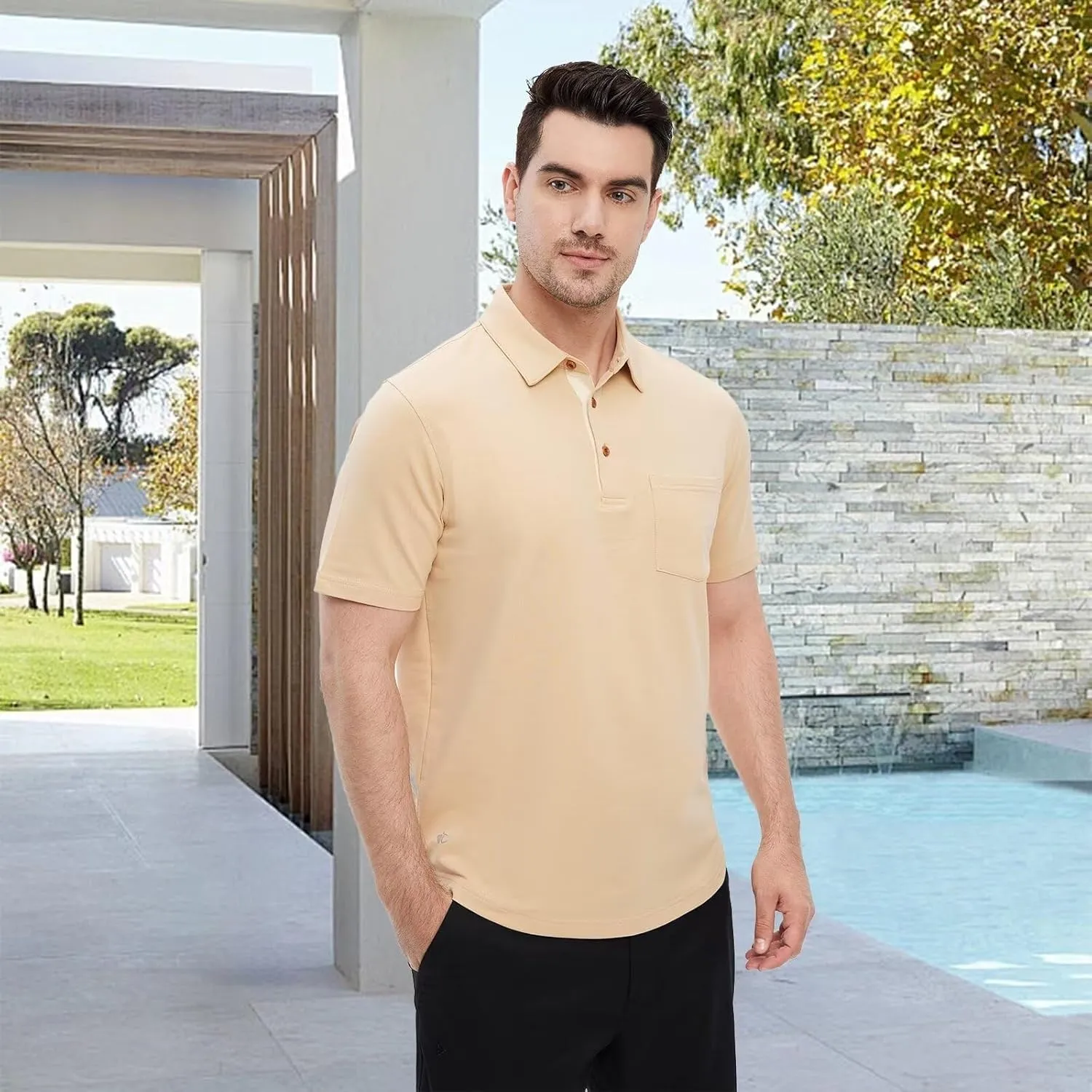Mens Long and Short Sleeve Polo Shirts Pocket Casual Solid Cotton Blend Drop Cut Collared Polo Shirts for Men
