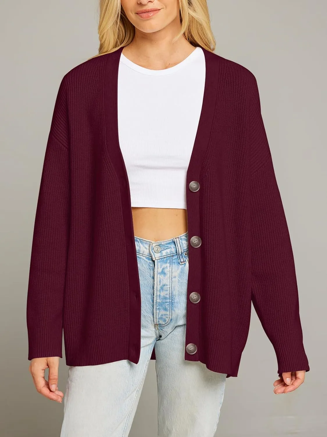 MEROKEETY Women's Cardigan Sweaters 2025 Fall Open Front Oversized Button V Neck Loose Soft Knit Outwear