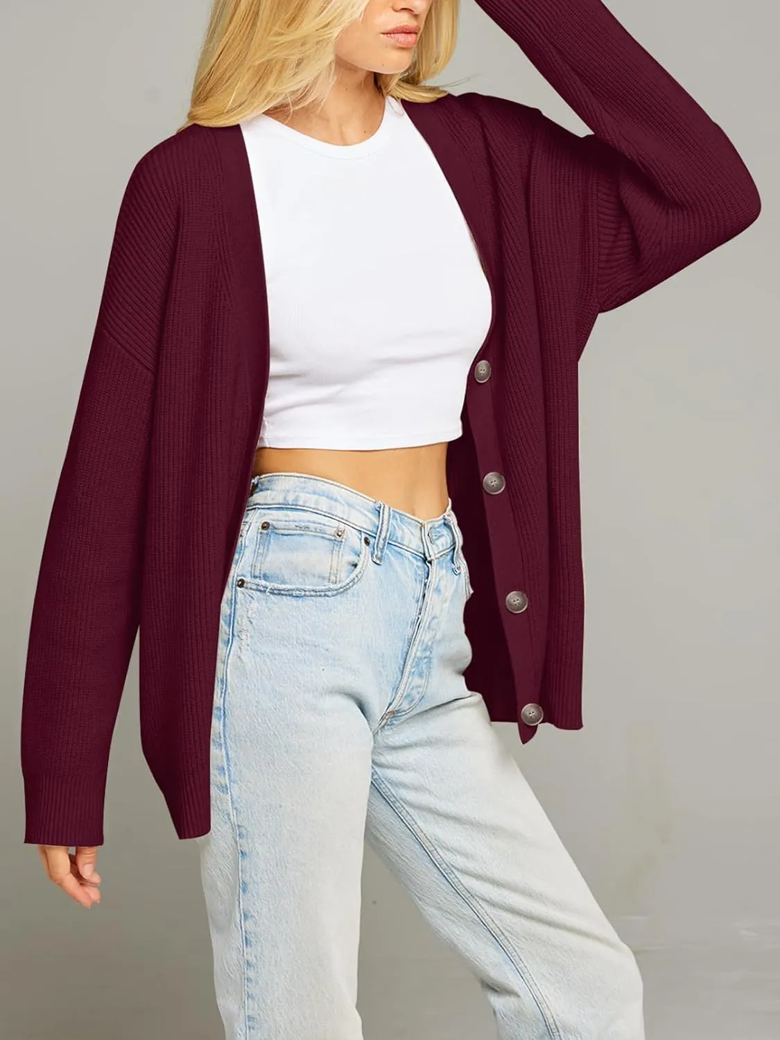 MEROKEETY Women's Cardigan Sweaters 2025 Fall Open Front Oversized Button V Neck Loose Soft Knit Outwear