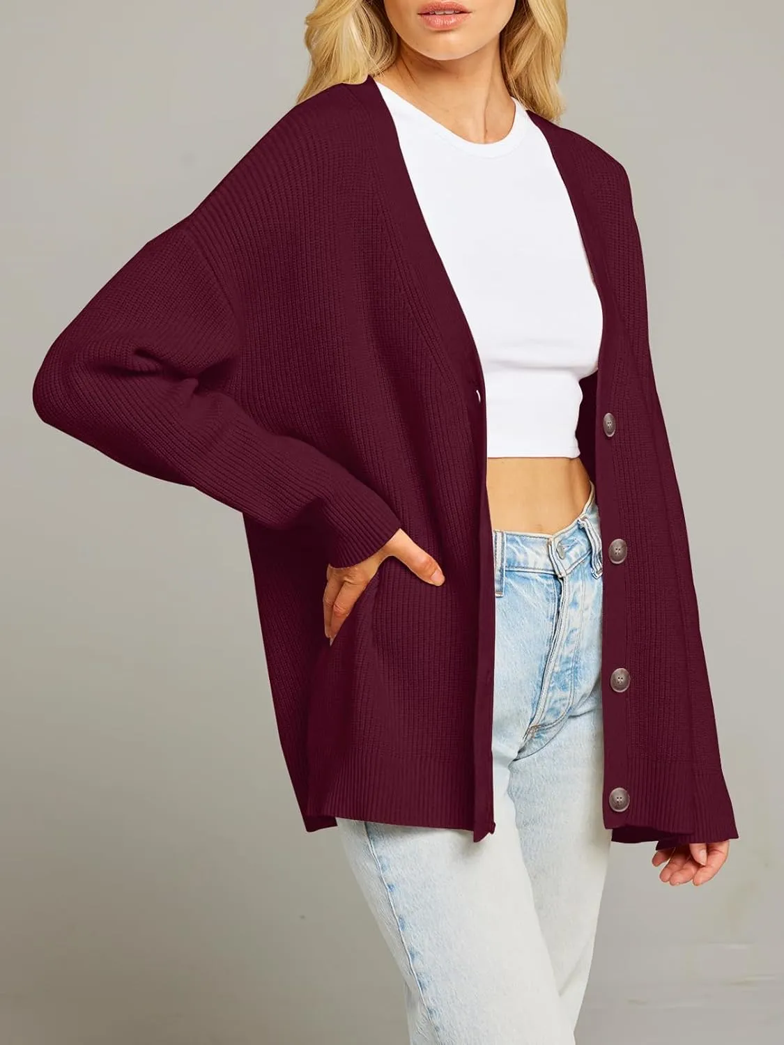 MEROKEETY Women's Cardigan Sweaters 2025 Fall Open Front Oversized Button V Neck Loose Soft Knit Outwear