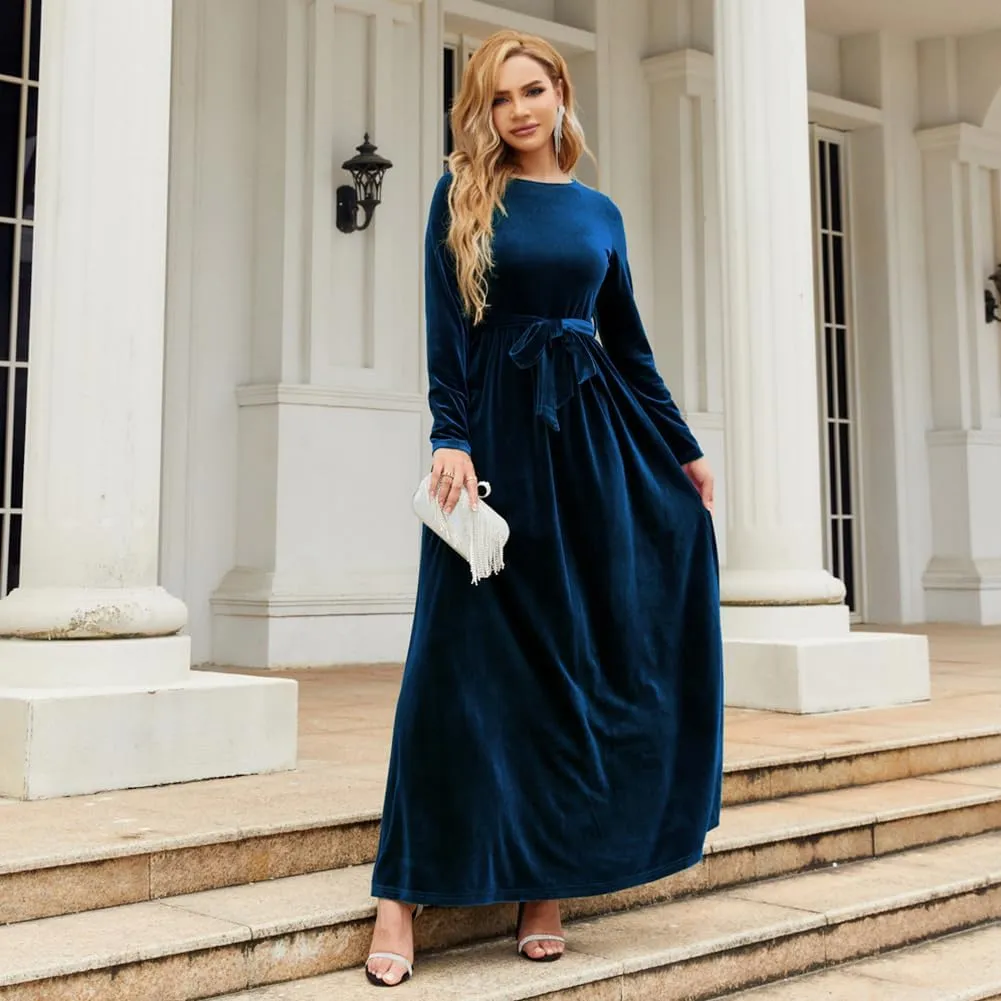 OBEEII Fall Dress for Women Long Sleeve Velvet Maxi Dress with Belt Wedding Guest Casual Holiday Party Dresses