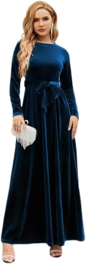 OBEEII Fall Dress for Women Long Sleeve Velvet Maxi Dress with Belt Wedding Guest Casual Holiday Party Dresses