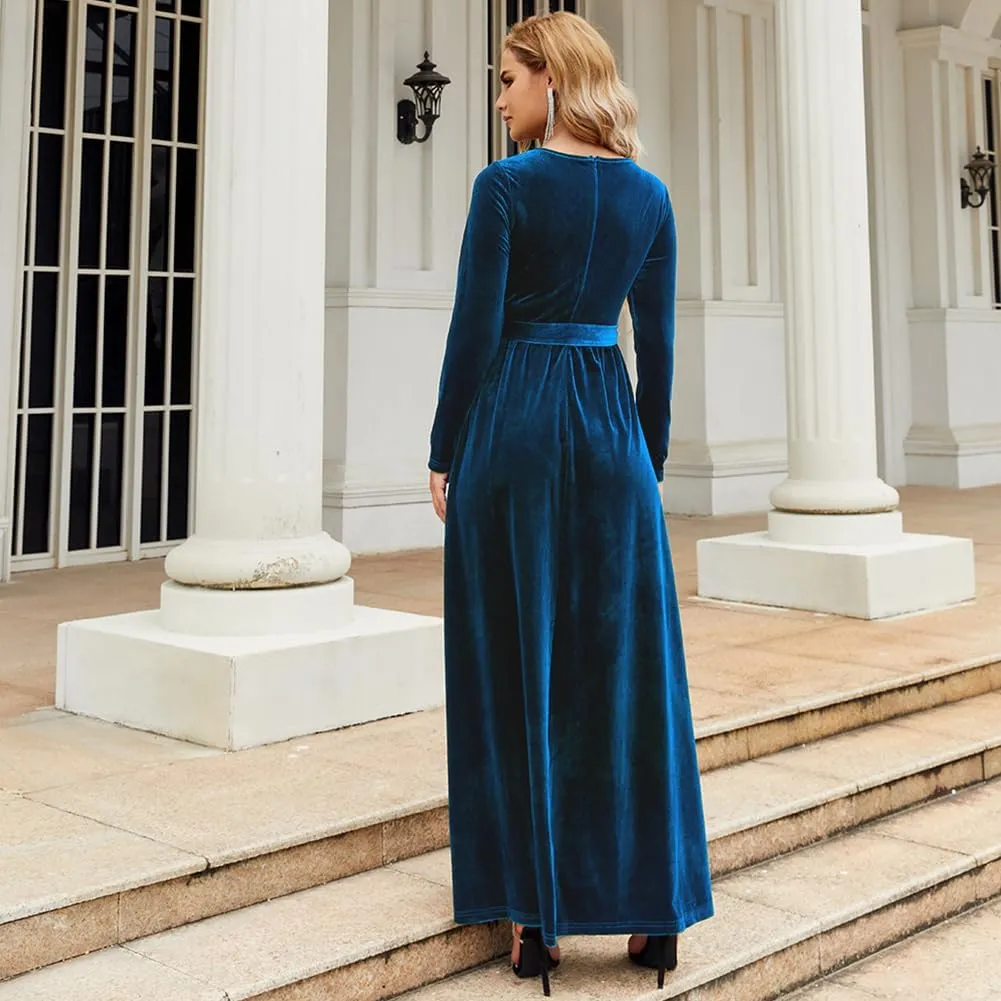 OBEEII Fall Dress for Women Long Sleeve Velvet Maxi Dress with Belt Wedding Guest Casual Holiday Party Dresses