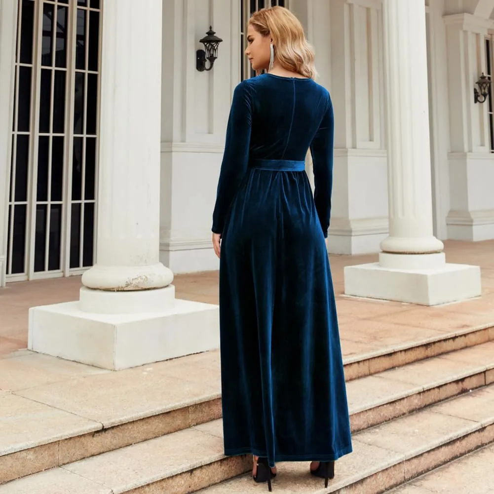 OBEEII Fall Dress for Women Long Sleeve Velvet Maxi Dress with Belt Wedding Guest Casual Holiday Party Dresses