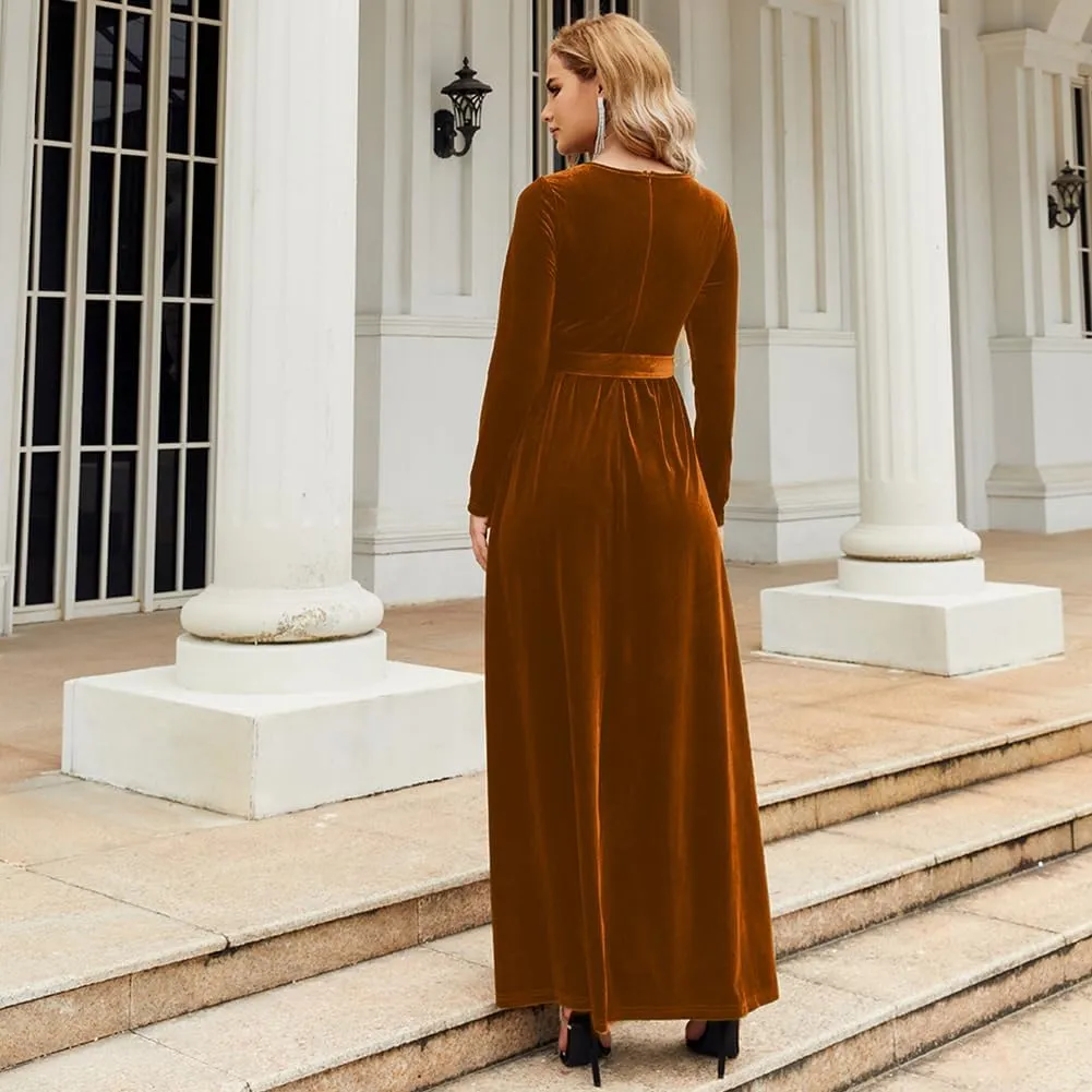OBEEII Fall Dress for Women Long Sleeve Velvet Maxi Dress with Belt Wedding Guest Casual Holiday Party Dresses