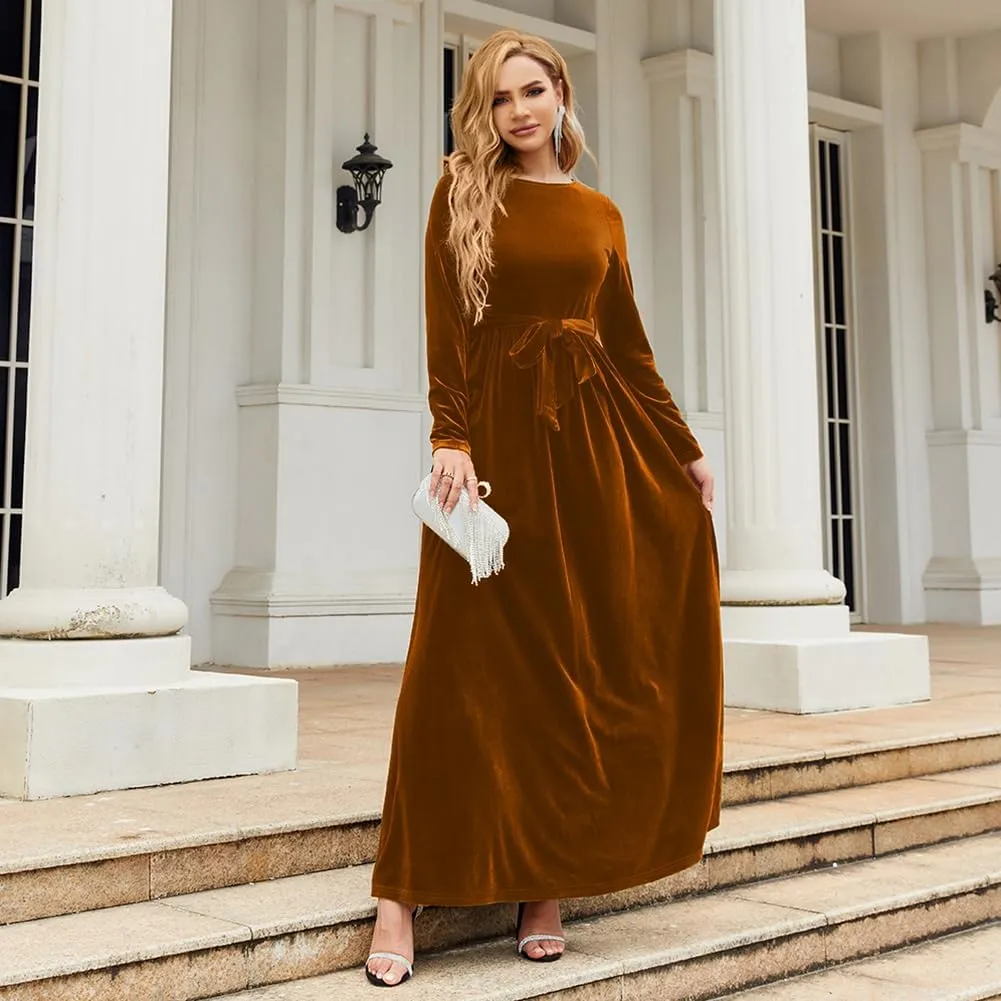 OBEEII Fall Dress for Women Long Sleeve Velvet Maxi Dress with Belt Wedding Guest Casual Holiday Party Dresses