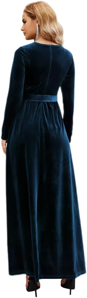 OBEEII Fall Dress for Women Long Sleeve Velvet Maxi Dress with Belt Wedding Guest Casual Holiday Party Dresses