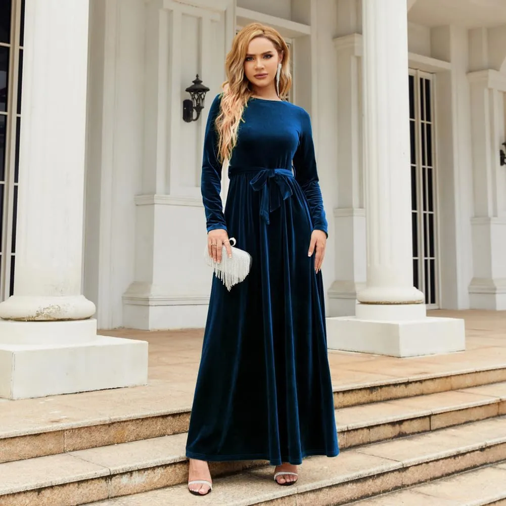 OBEEII Fall Dress for Women Long Sleeve Velvet Maxi Dress with Belt Wedding Guest Casual Holiday Party Dresses