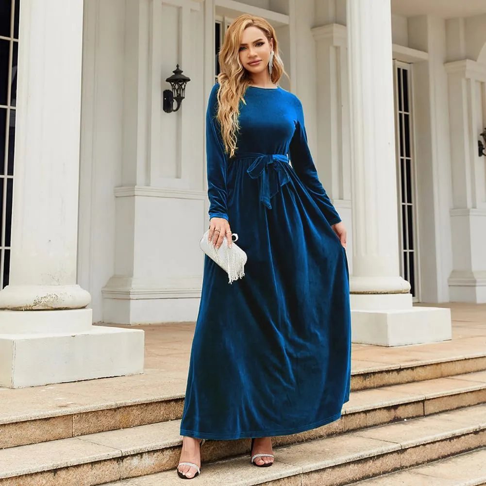 OBEEII Fall Dress for Women Long Sleeve Velvet Maxi Dress with Belt Wedding Guest Casual Holiday Party Dresses