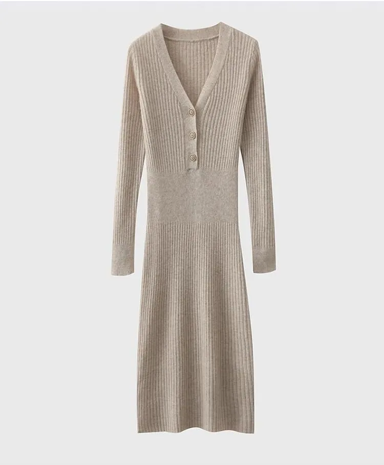 Pulcykp Women Buttons V-Neck Merino Wool Midi Dress Solid Long Sleeve Casual Office Knit Dress