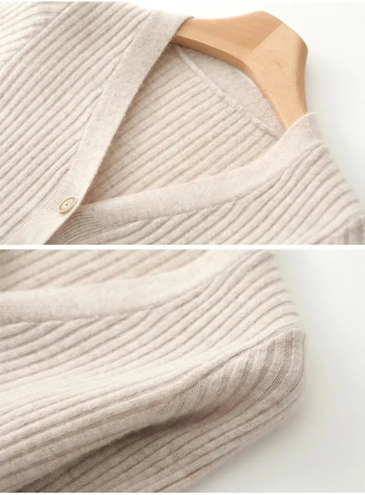 Pulcykp Women Buttons V-Neck Merino Wool Midi Dress Solid Long Sleeve Casual Office Knit Dress