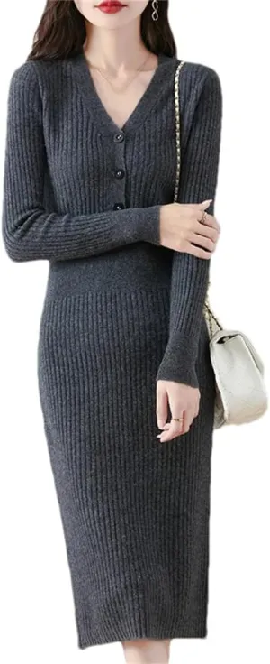 Pulcykp Women Buttons V-Neck Merino Wool Midi Dress Solid Long Sleeve Casual Office Knit Dress