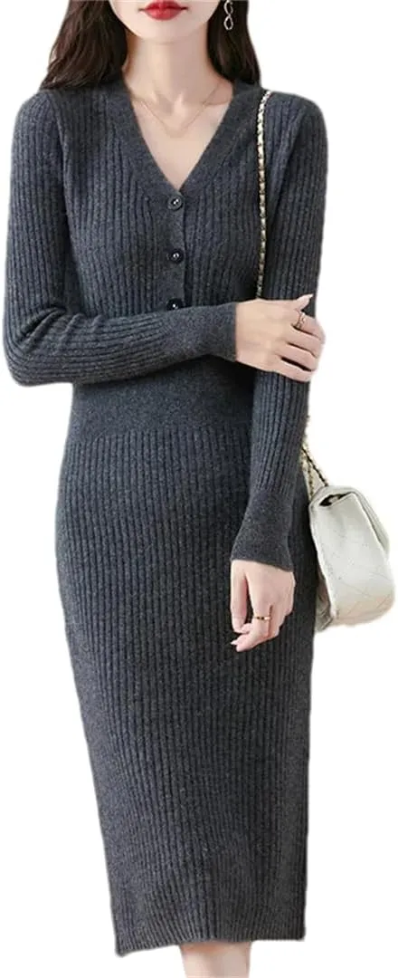 Pulcykp Women Buttons V-Neck Merino Wool Midi Dress Solid Long Sleeve Casual Office Knit Dress