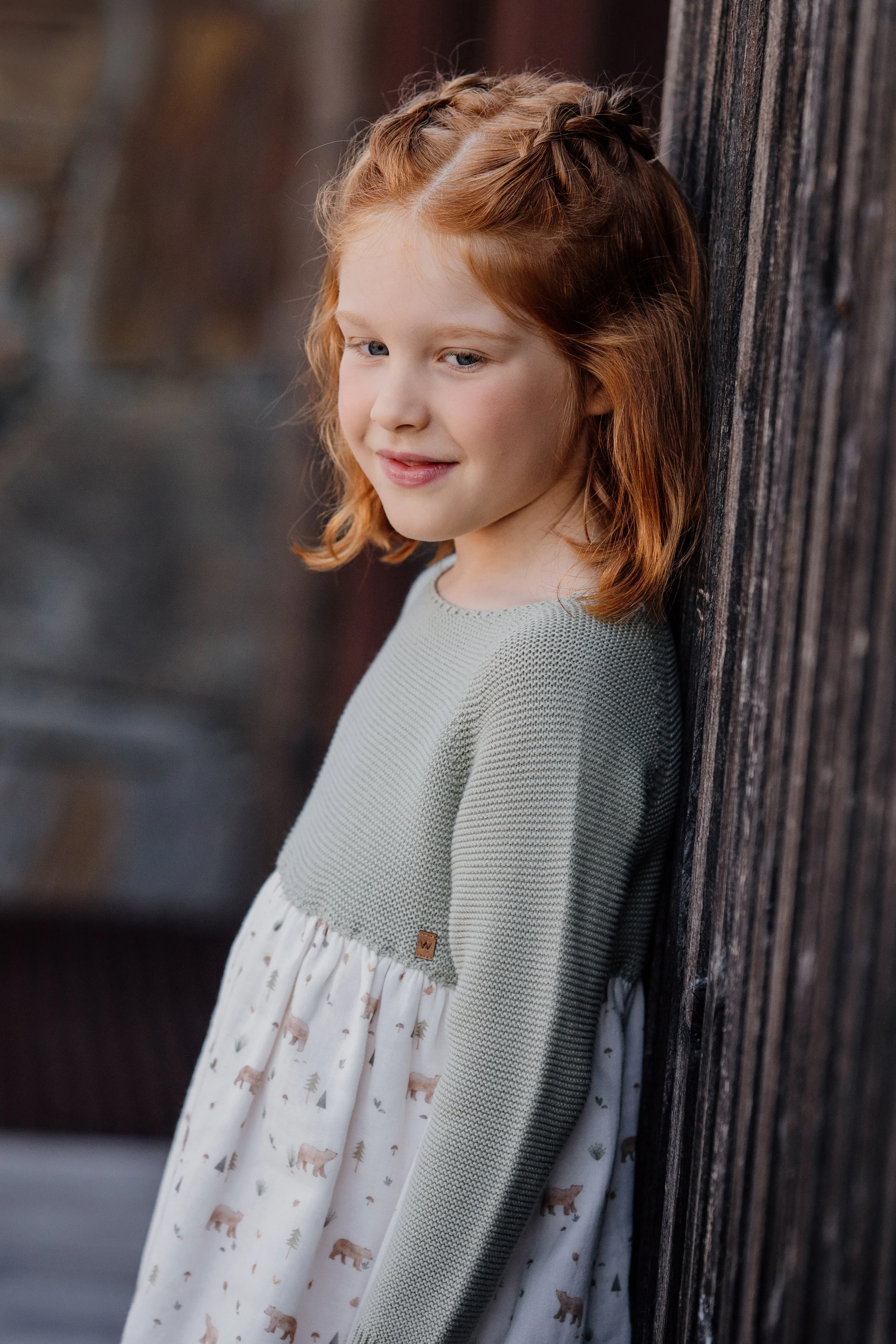 "Joana" Sage Green Half Knit Bear Dress