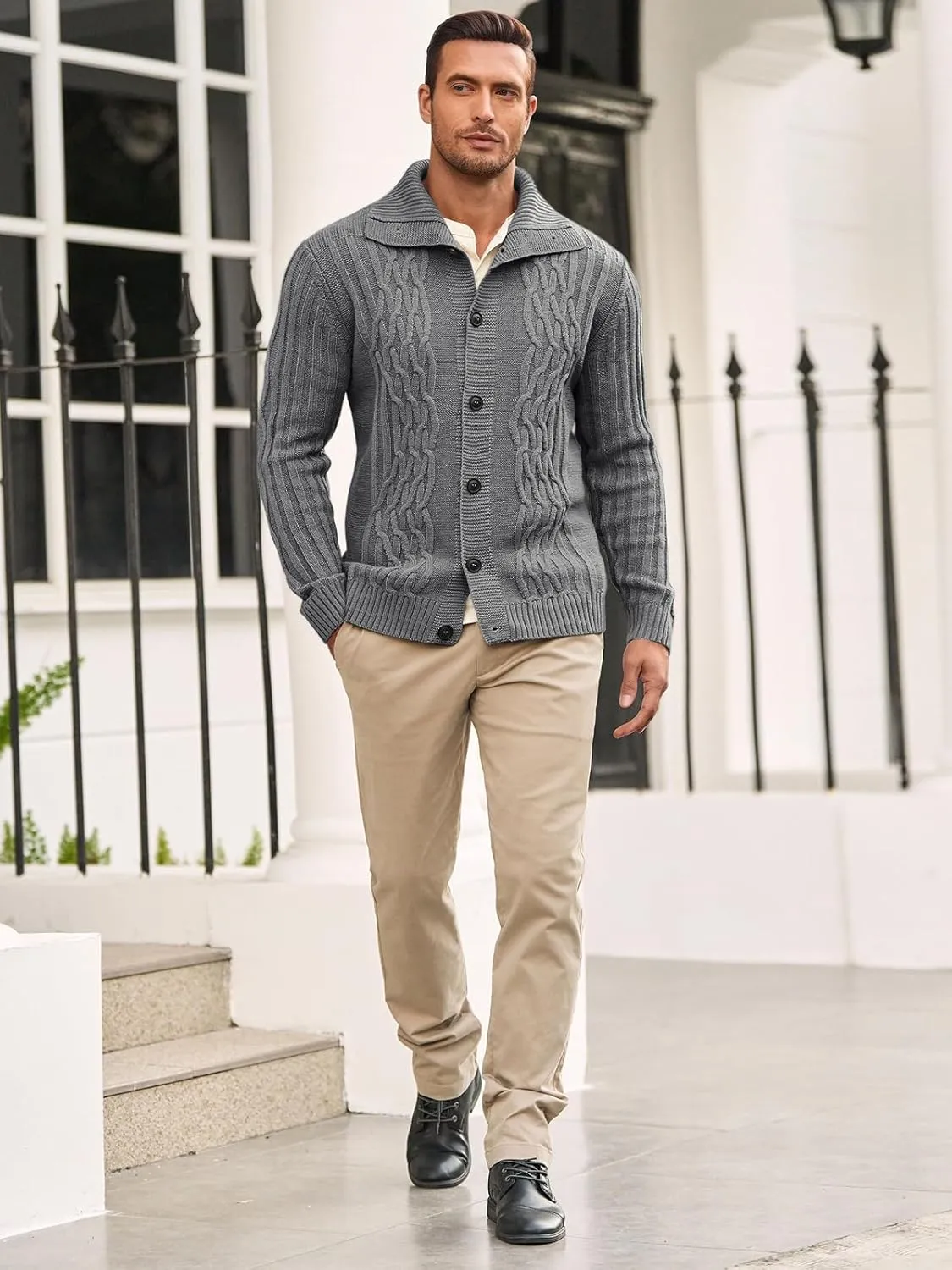Runcati Mens Cardigan Sweater Cable Knit Button Down Long Sleeve Casual Winter Slim Fit Sweaters