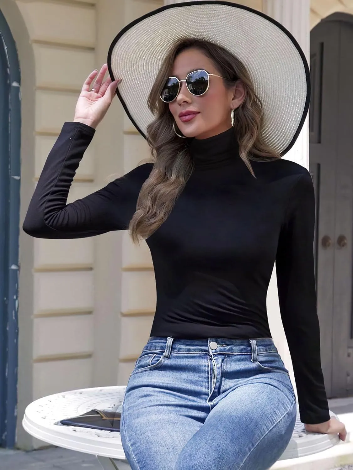 SHAPERIN Women's Turtleneck Long Sleeve Shirt Mock Turtle Neck Fitted Slim Fits T Shirt Basic Tight Tops Tee