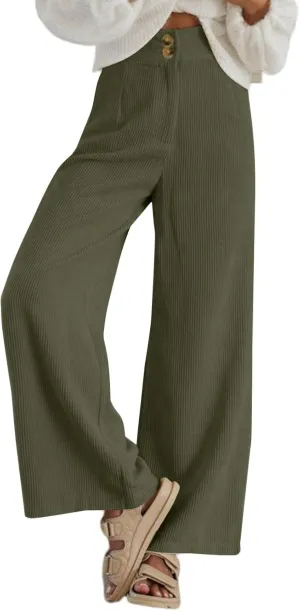 Sidefeel Corduroy Pants for Women 2025 Casual High Waisted Double Buttoned Stretchy Loose Fit Wide Leg Pants with Pockets