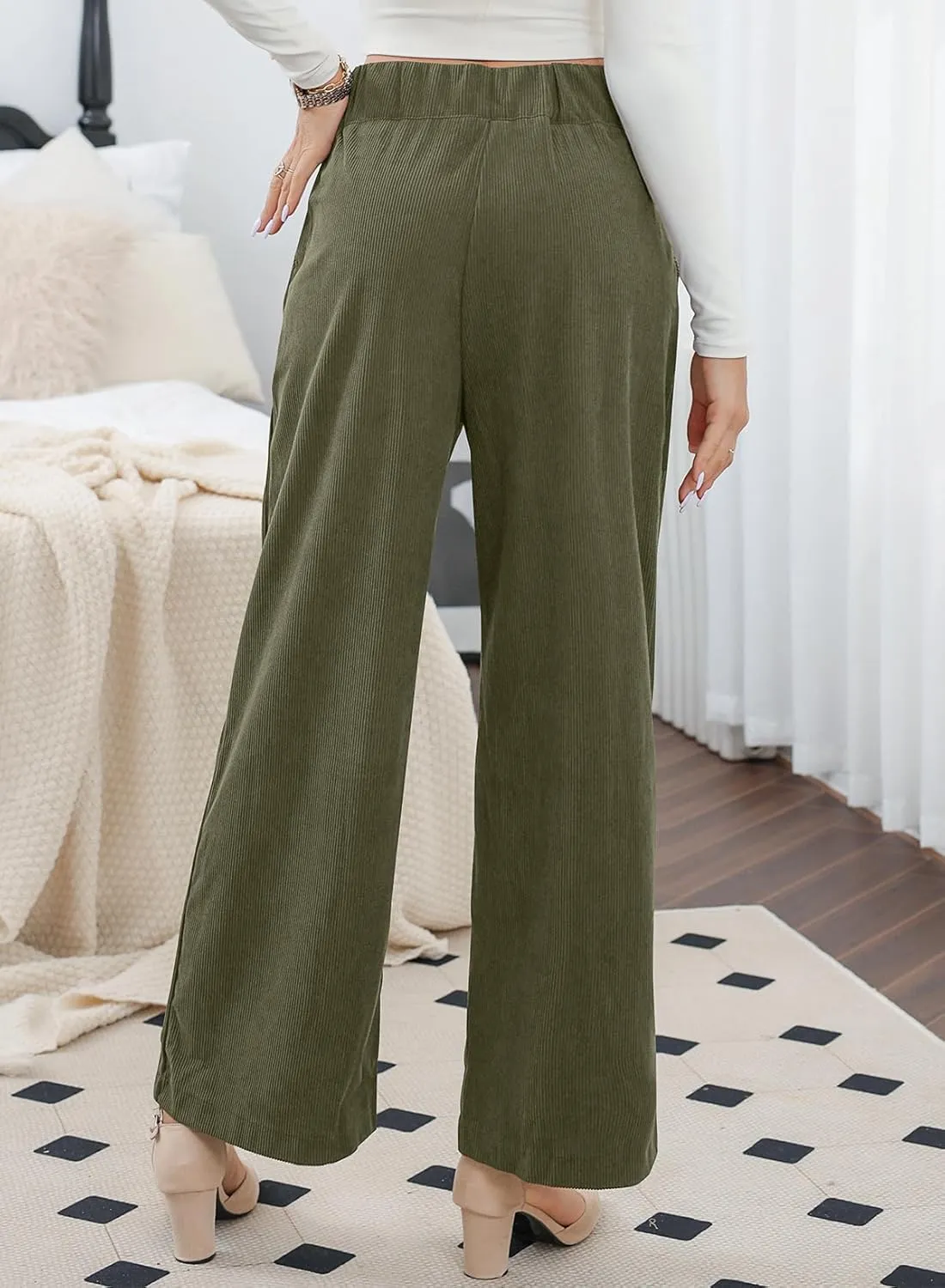 Sidefeel Corduroy Pants for Women 2025 Casual High Waisted Double Buttoned Stretchy Loose Fit Wide Leg Pants with Pockets