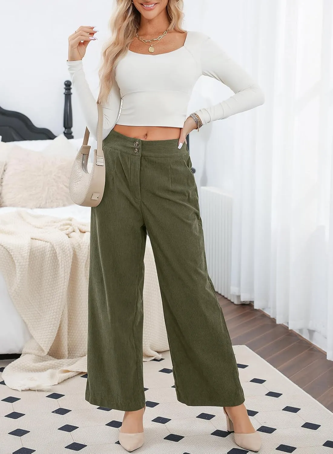 Sidefeel Corduroy Pants for Women 2025 Casual High Waisted Double Buttoned Stretchy Loose Fit Wide Leg Pants with Pockets