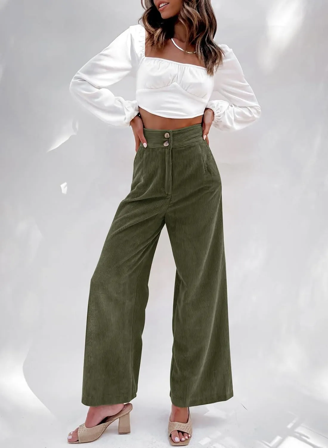 Sidefeel Corduroy Pants for Women 2025 Casual High Waisted Double Buttoned Stretchy Loose Fit Wide Leg Pants with Pockets