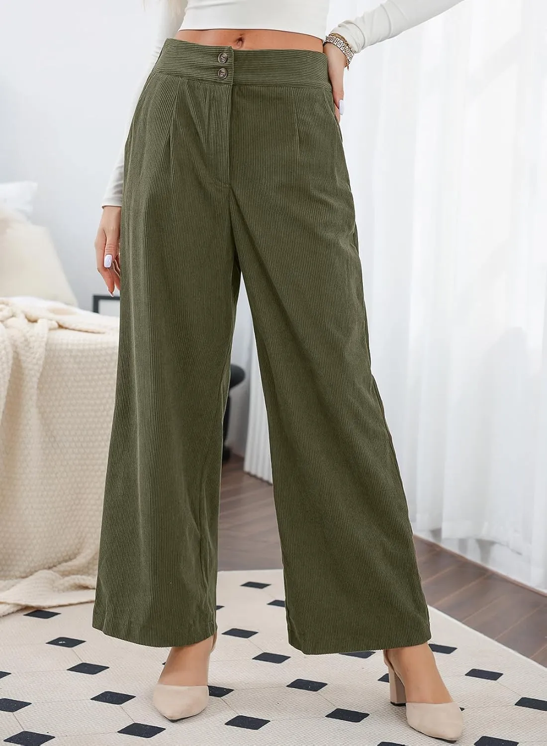Sidefeel Corduroy Pants for Women 2025 Casual High Waisted Double Buttoned Stretchy Loose Fit Wide Leg Pants with Pockets